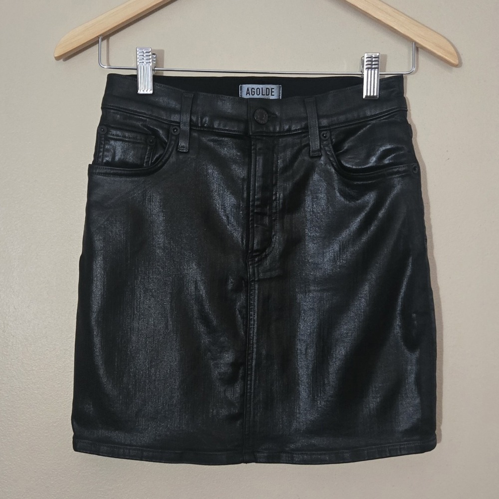 AGOLDE Lydia Coated Black Denim Mini Skirt Goth Grunge Indie Sleaze Size 26